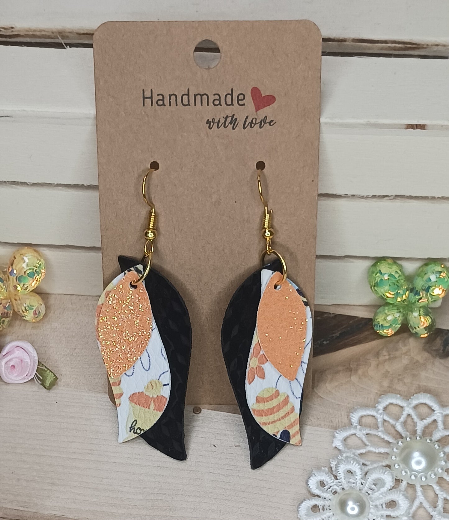 Black, Orange, and Bee Layered Faux Leather Earrings