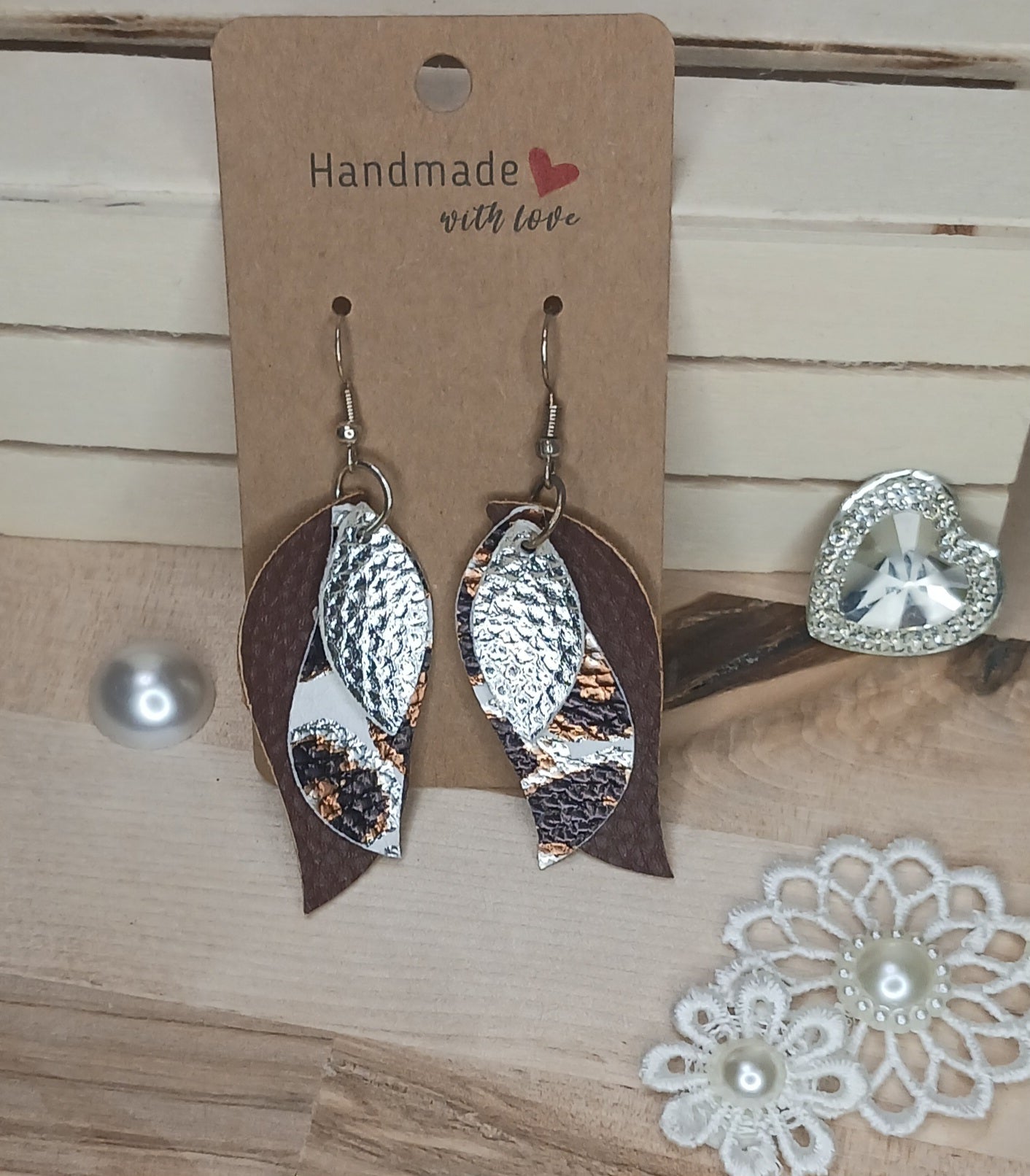 Brown and Silver Leopard Print Faux Leather Earrings