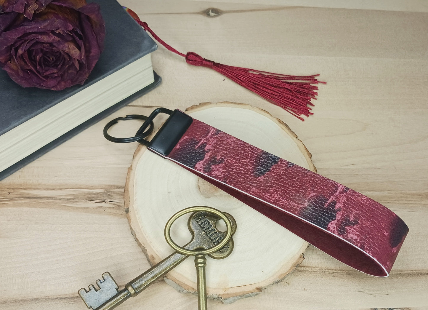 Red Camo Blood Splatter Faux Leather Wristlet Keychain