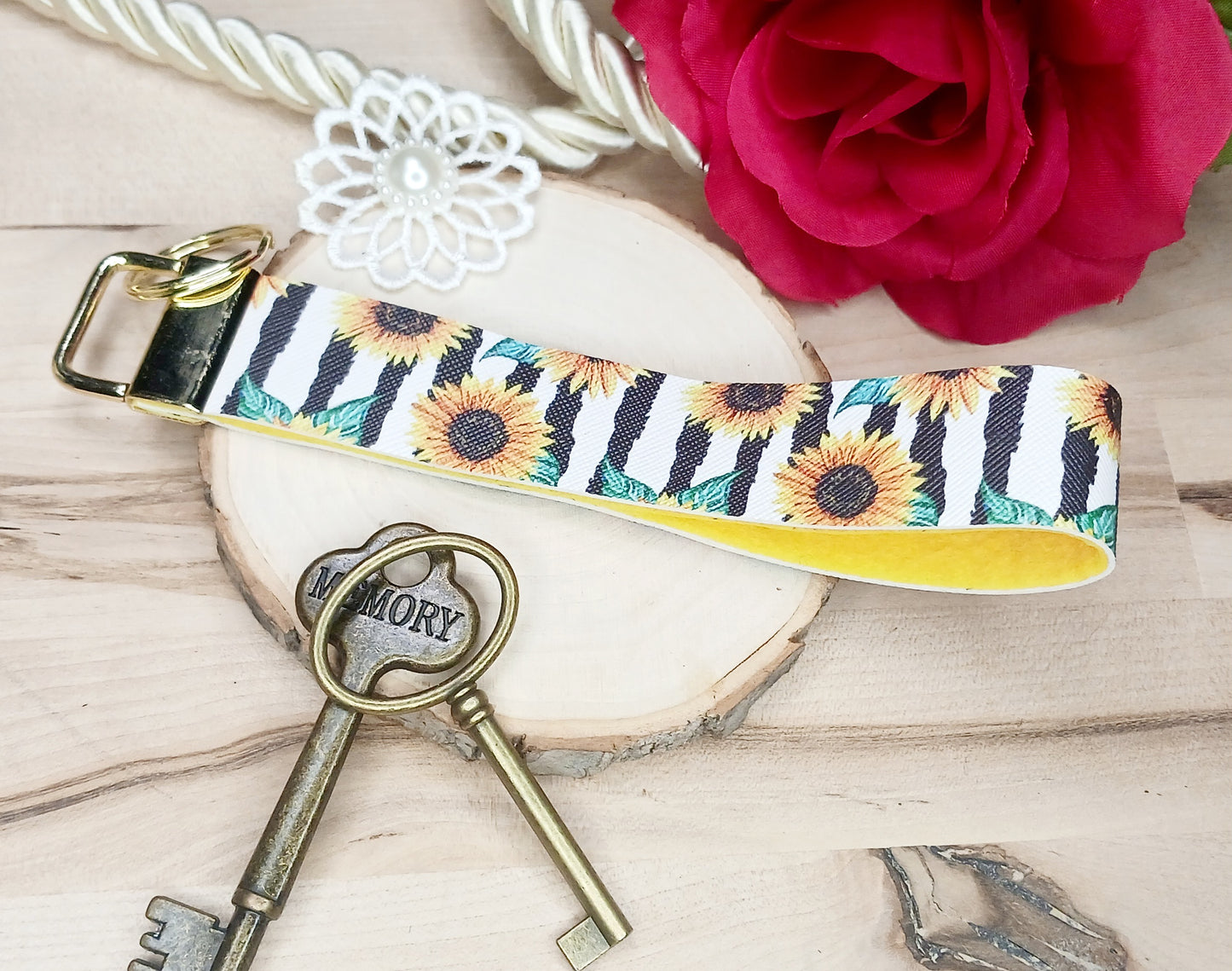 Sunflower and Stripes Faux Leather Wristlet Keychain