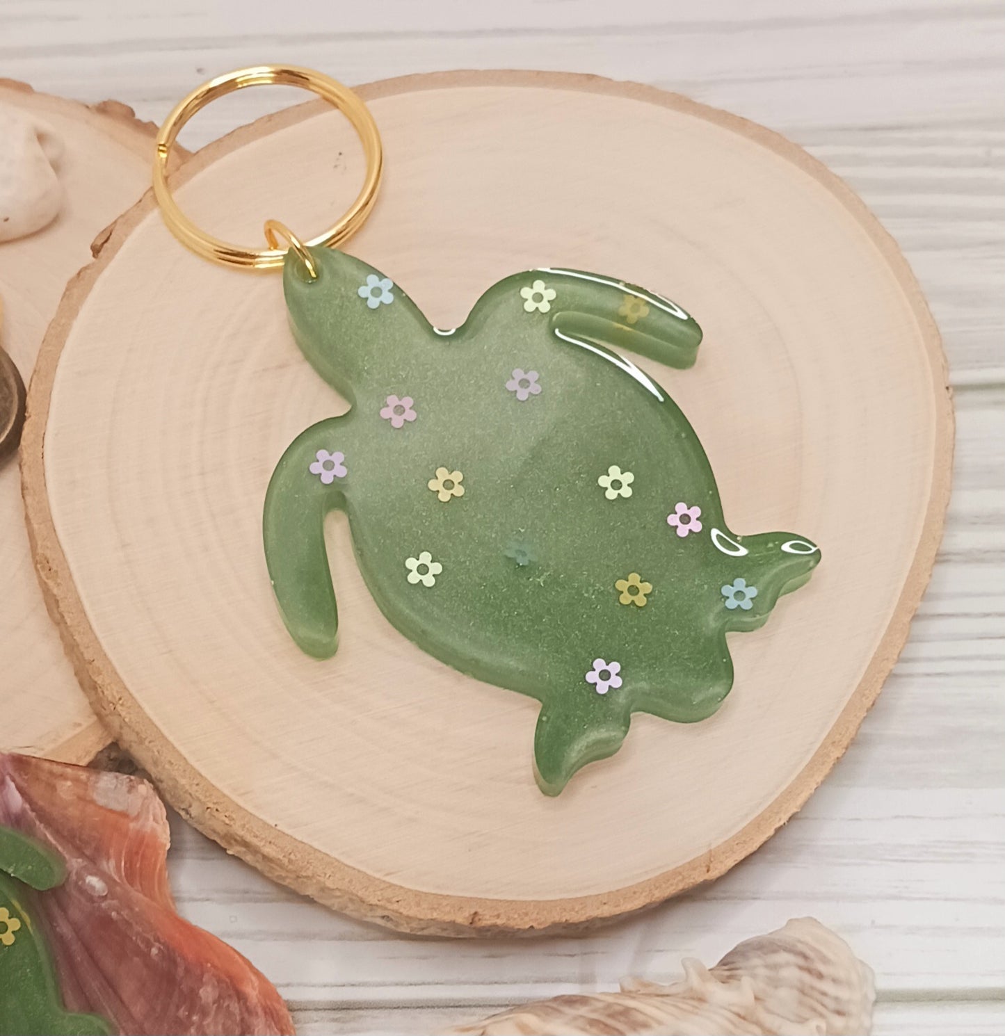 Flower Green Sea Turtle Resin Keychain
