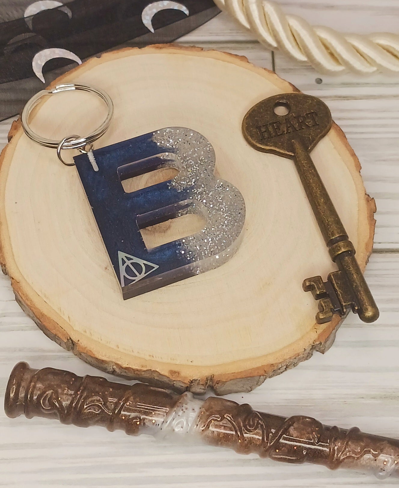 Navy and Silver Letter Keychain