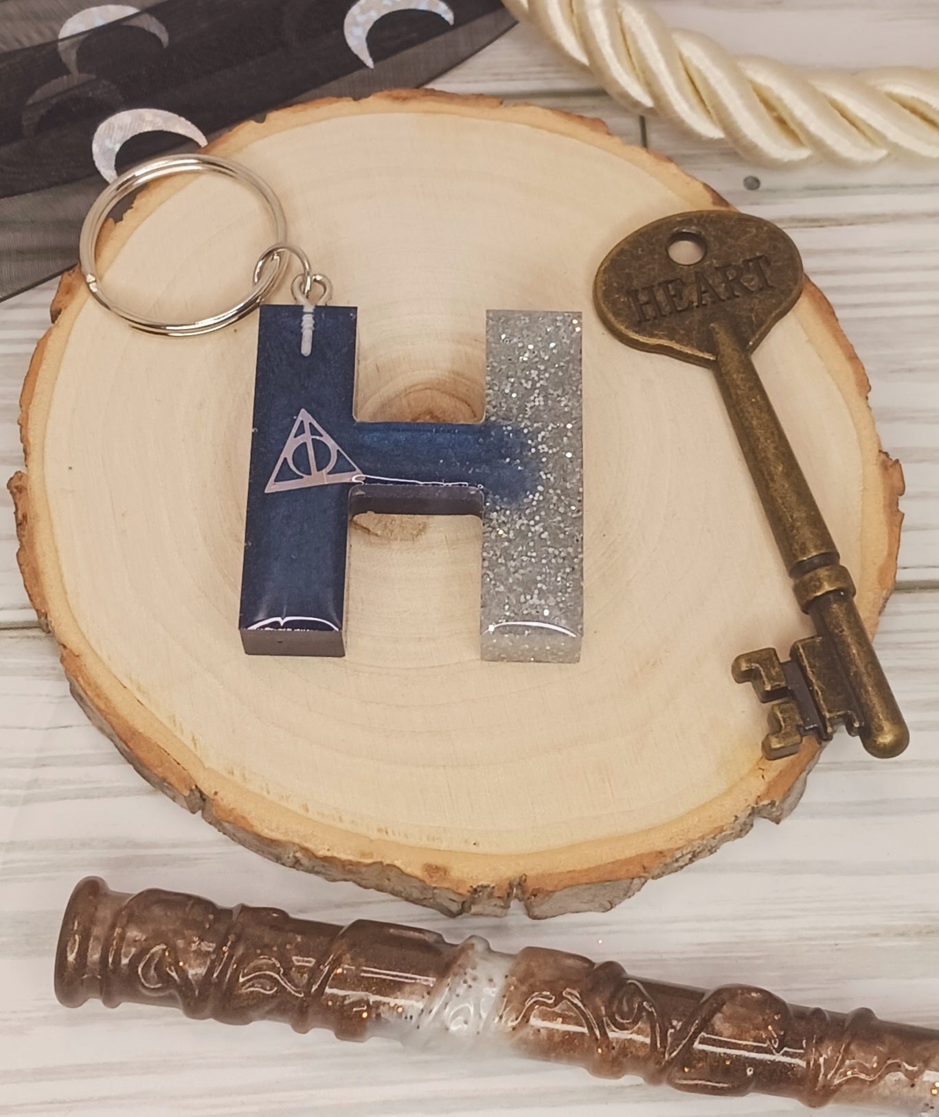 Navy and Silver Letter Keychain