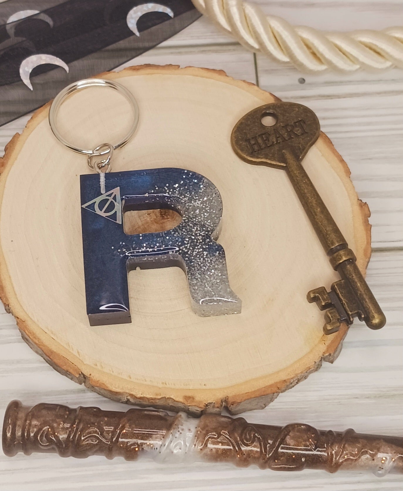 Navy and Silver Letter Keychain