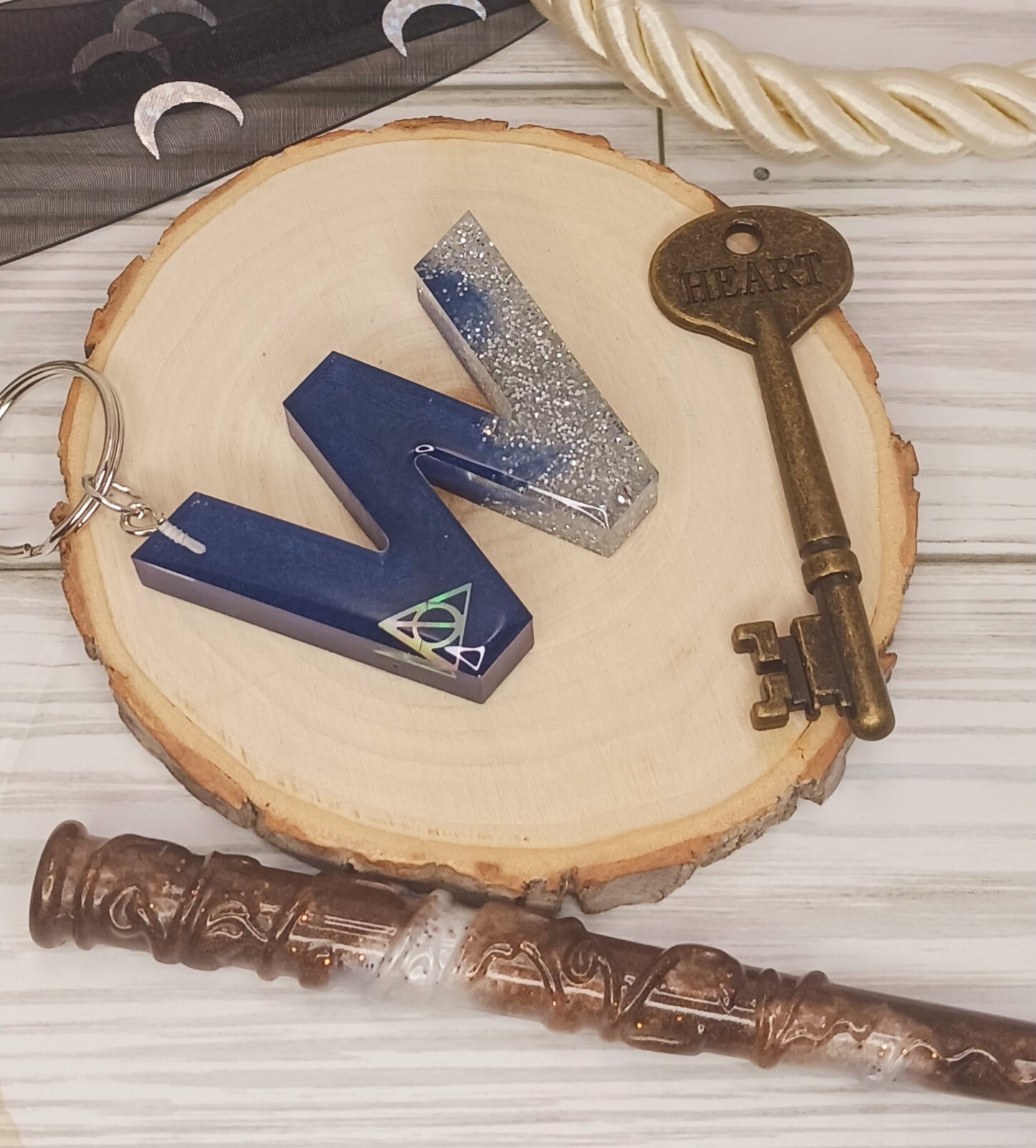 Navy and Silver Letter Keychain