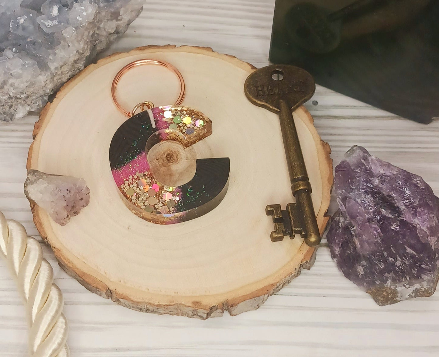 Pink Geode Letter Resin Keychain