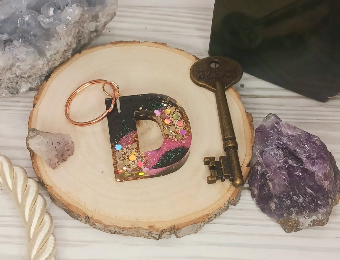 Pink Geode Letter Resin Keychain