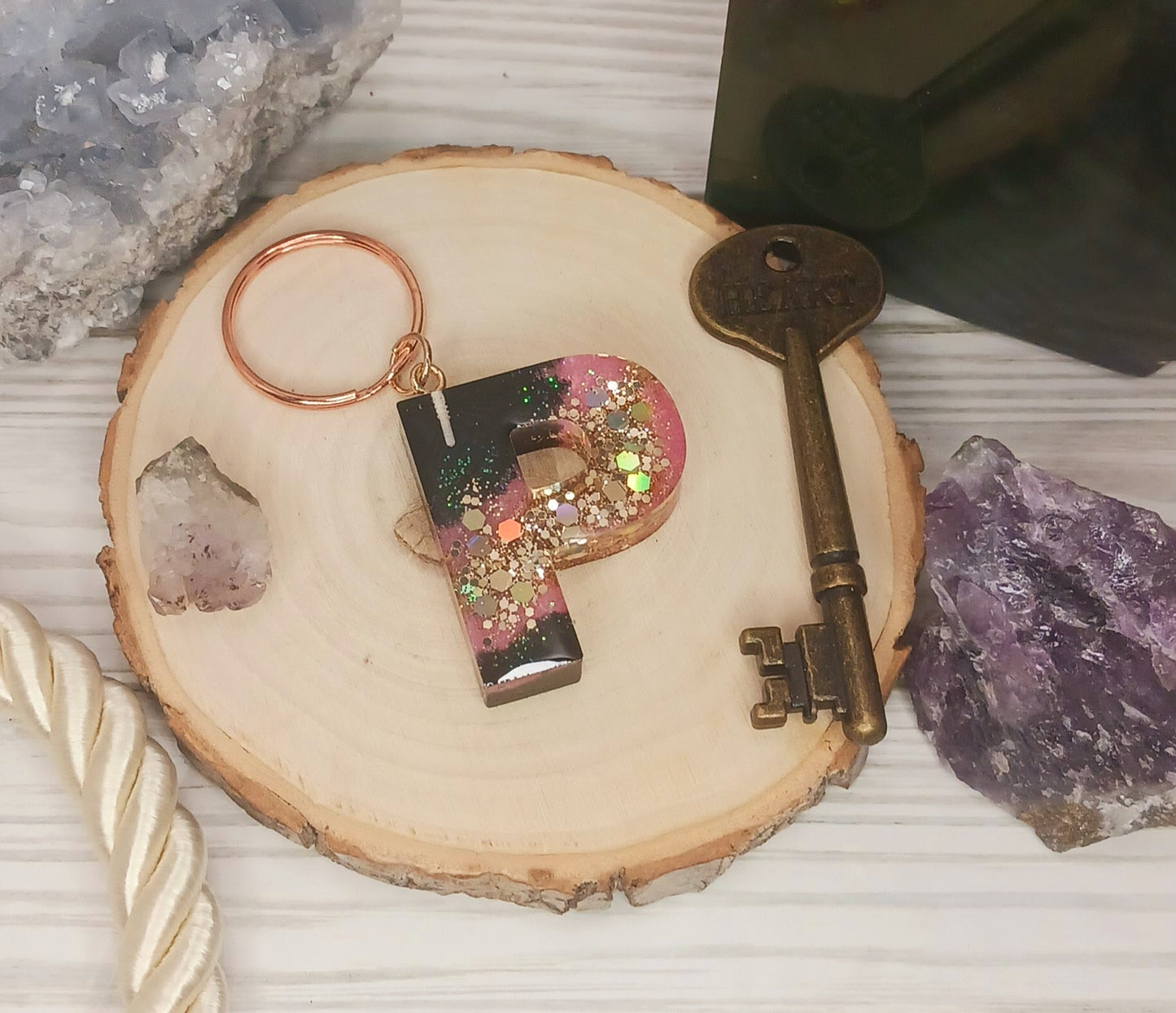 Pink Geode Letter Resin Keychain