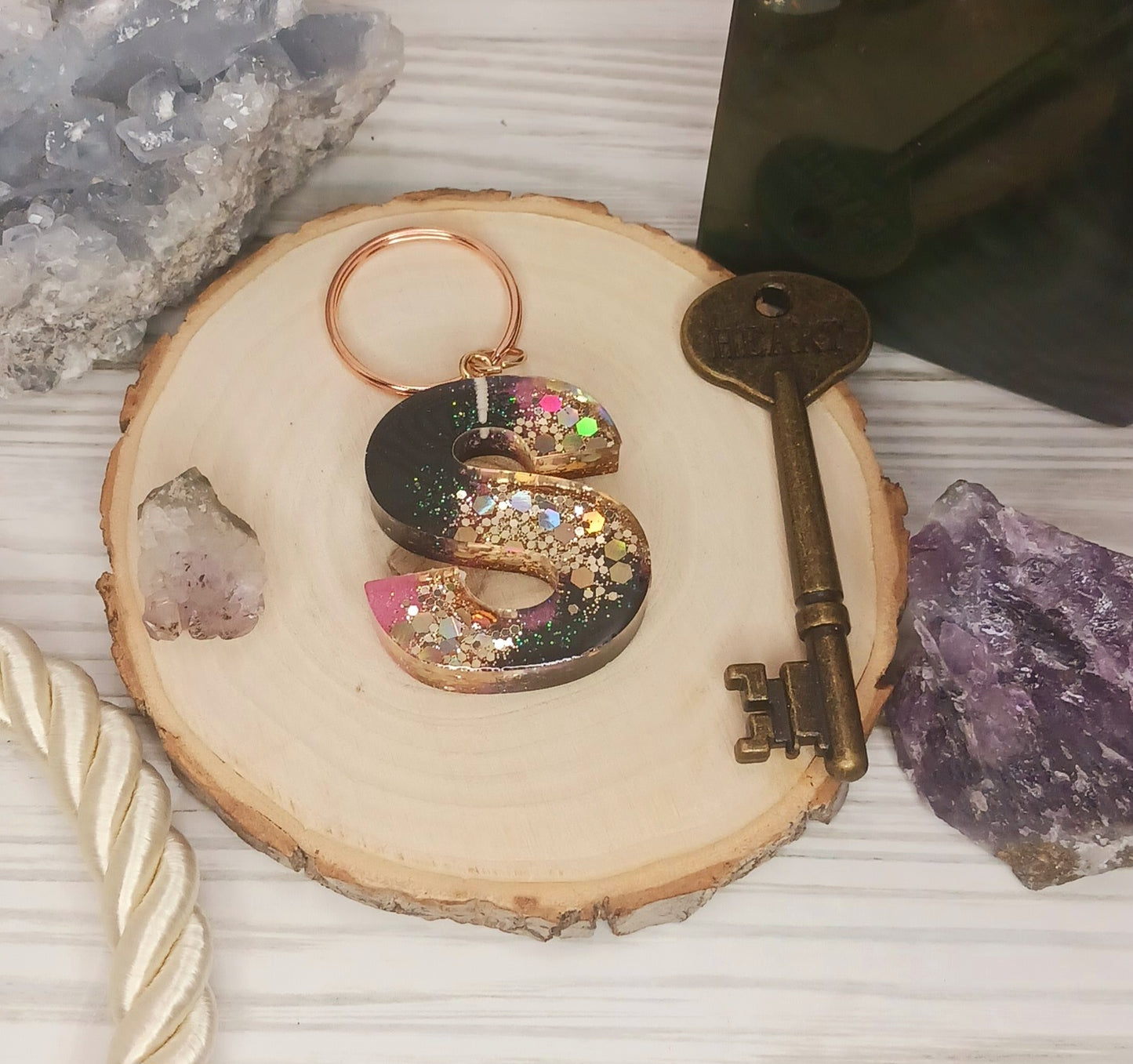 Pink Geode Letter Resin Keychain
