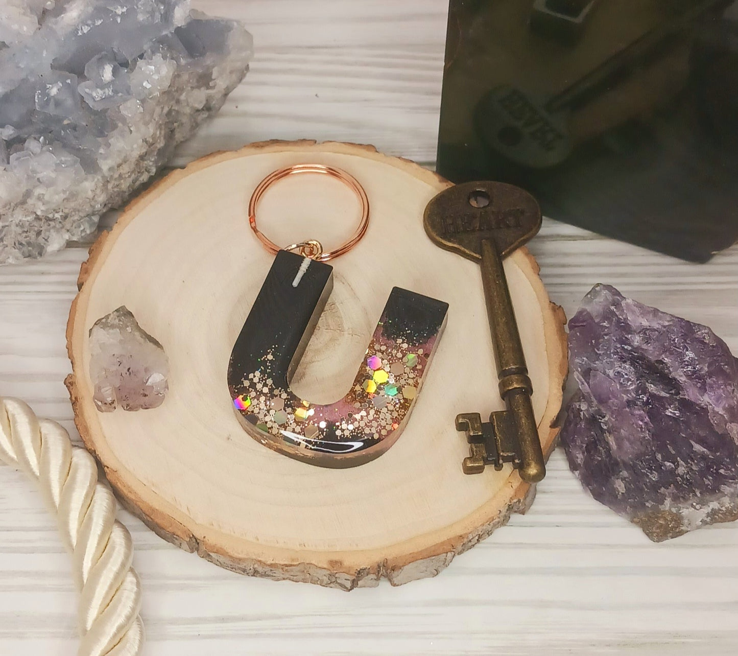 Pink Geode Letter Resin Keychain