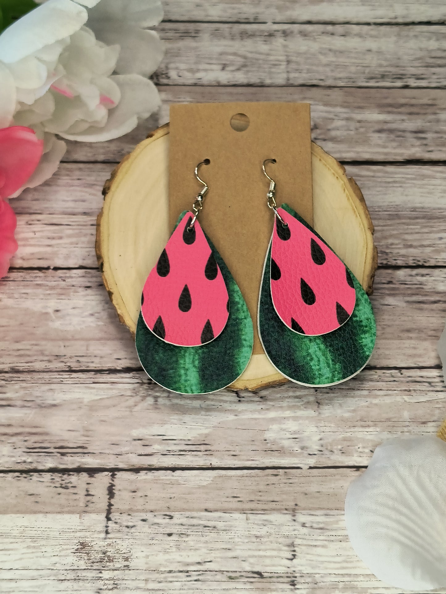 Watermelon Faux Leather Layered Teardrop Earrings