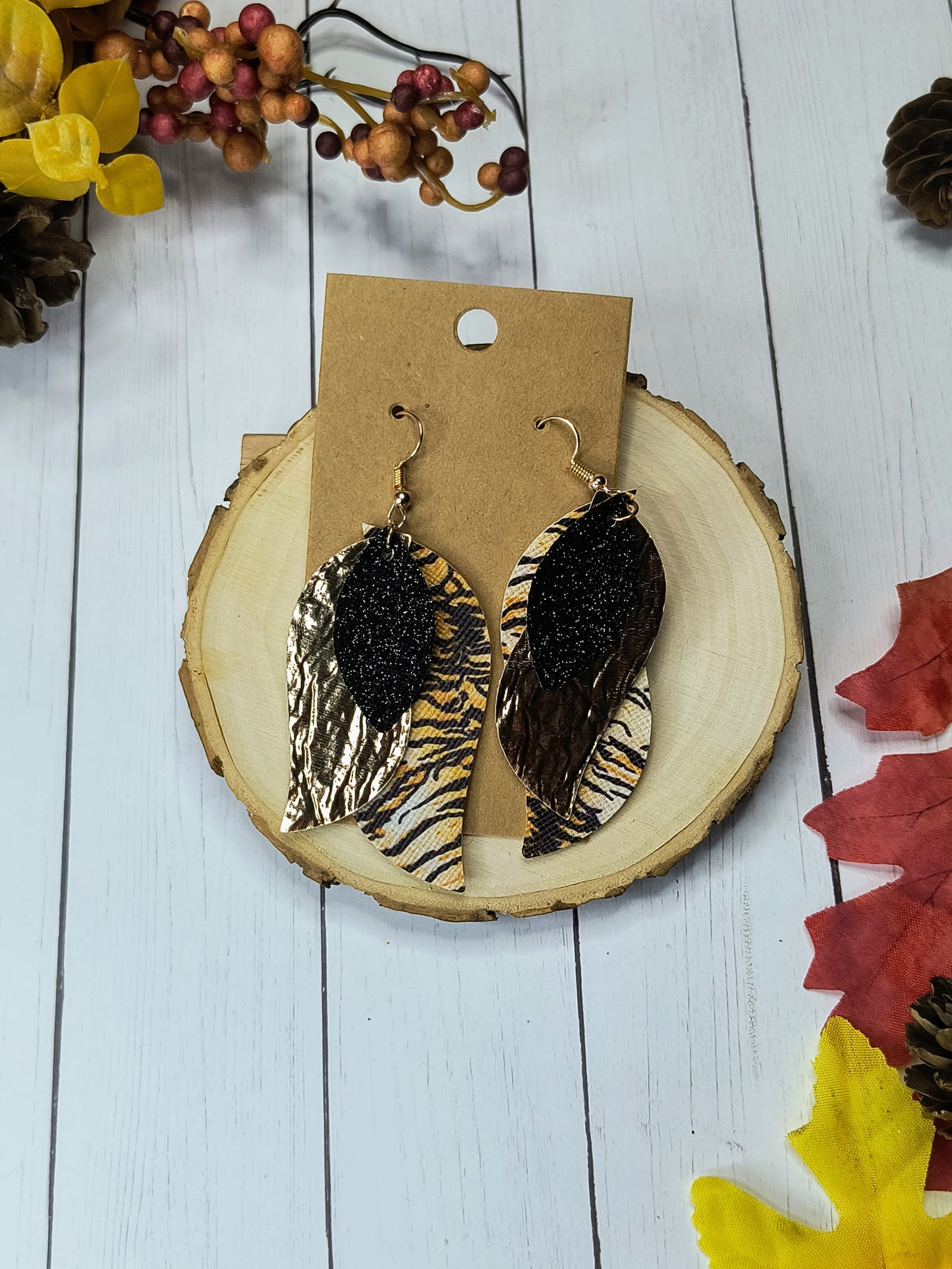 Faux Leather 3-Layer Tiger Print Earrings