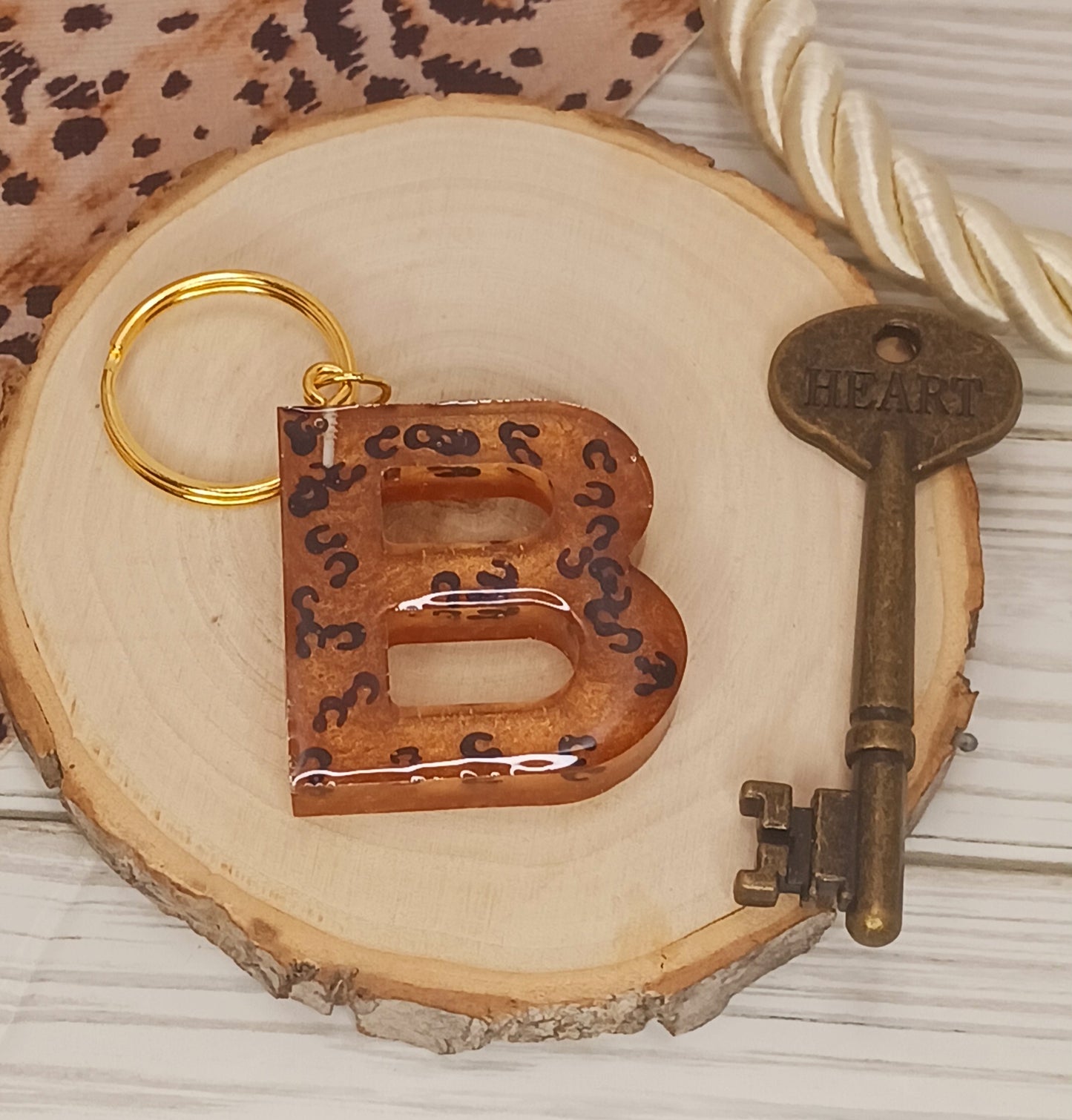 Letter B keychain with leopard print