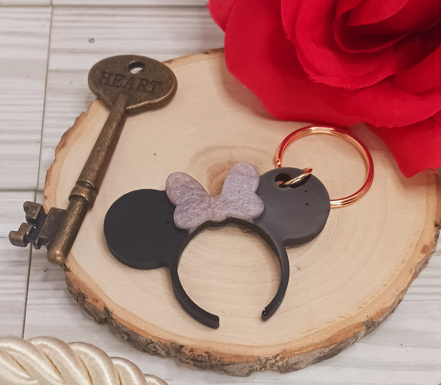 Mouse Ear Headband with pink bow resin keychain