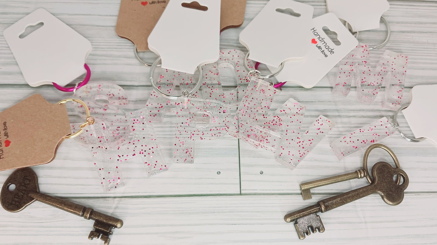 Pink and White Glitter Resin Keychain