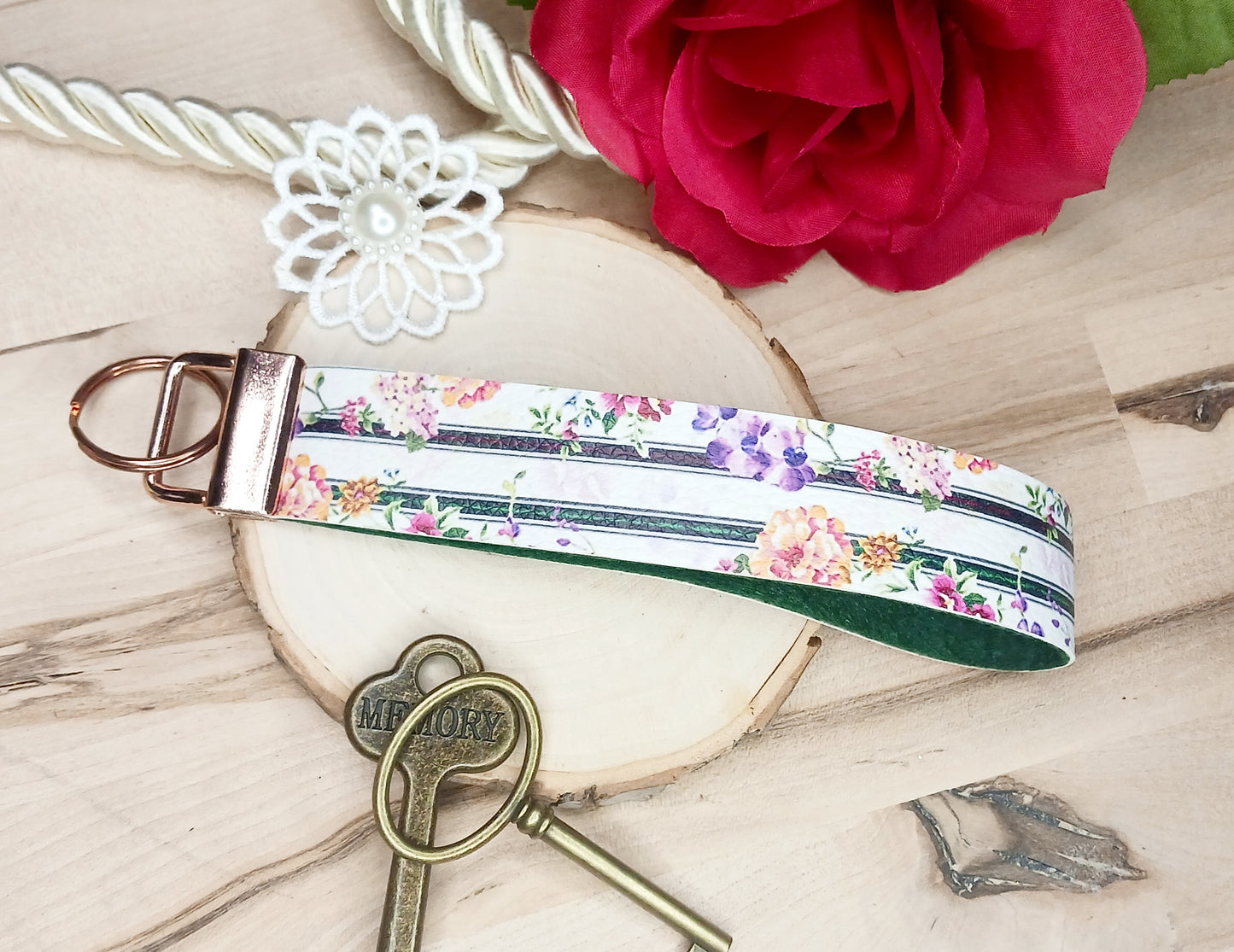 White and Green Floral Faux Leather Wristlet Keychain