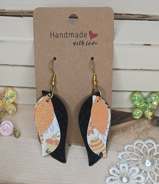 Black, Orange, and Bee Layered Faux Leather Earrings