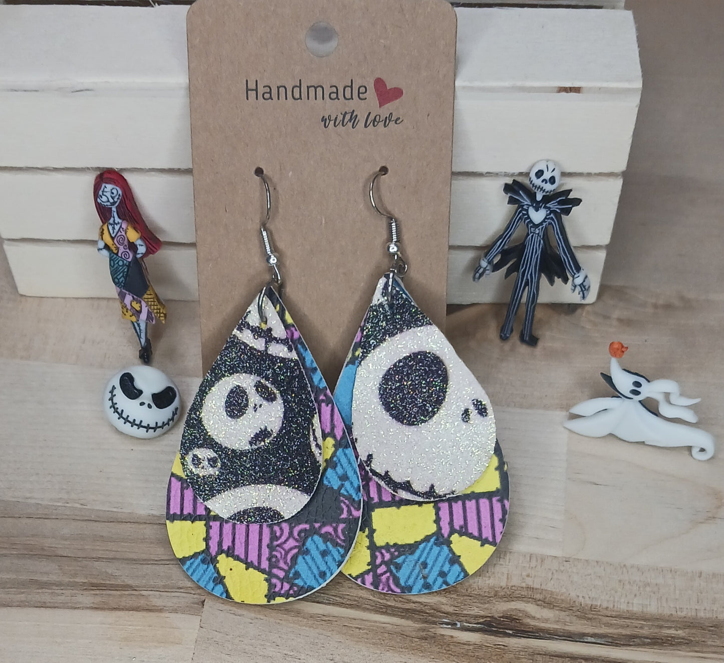 Jack and Sally Teardrop Faux Leather Earrings