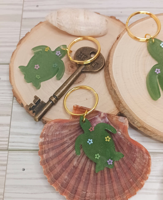 Flower Green Sea Turtle Resin Keychain