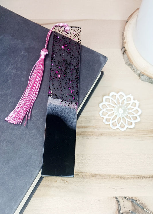 Black and light pink bookmark with pink and black glitter