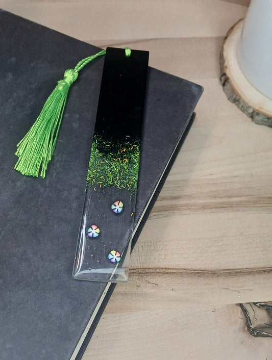 Black and green glitter bookmark with colorful flower add-ins