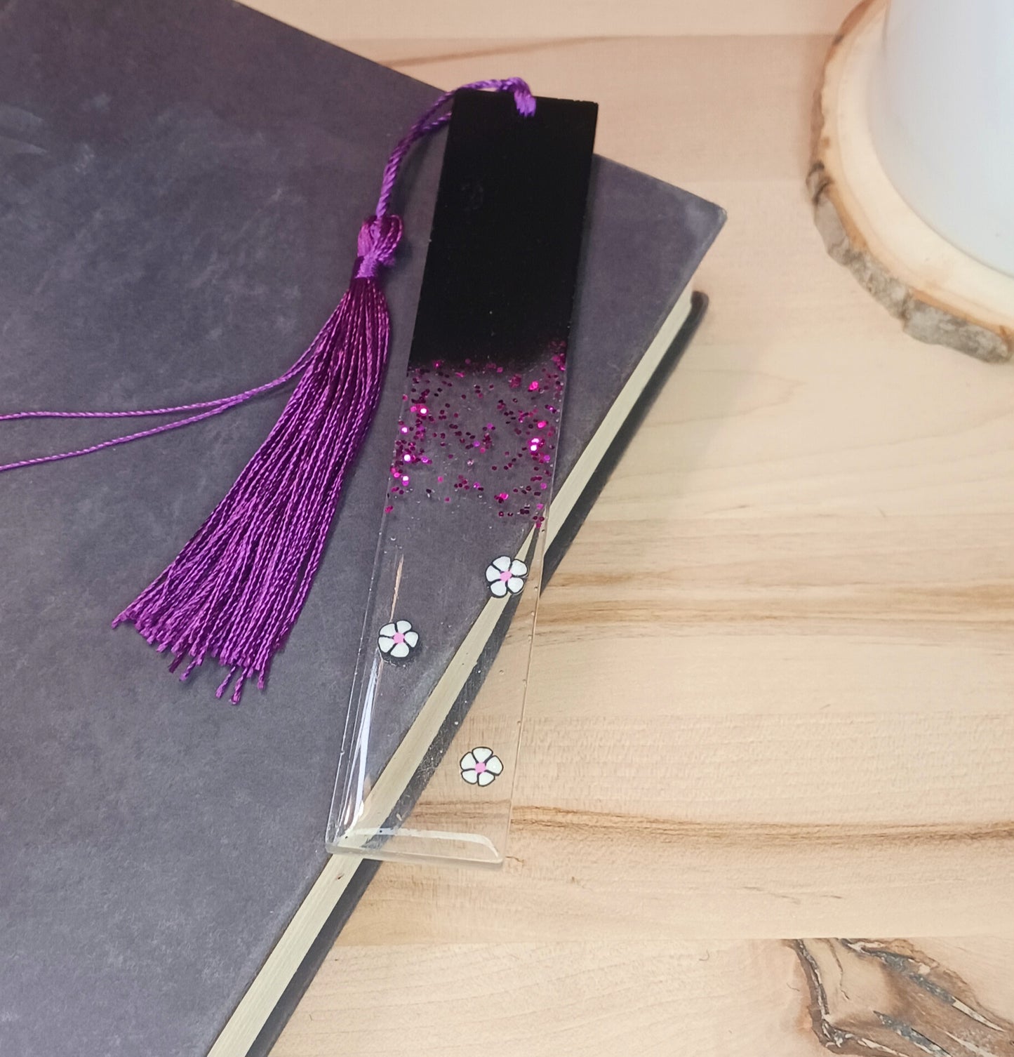 Black and purple glitter bookmark with flower add-ins