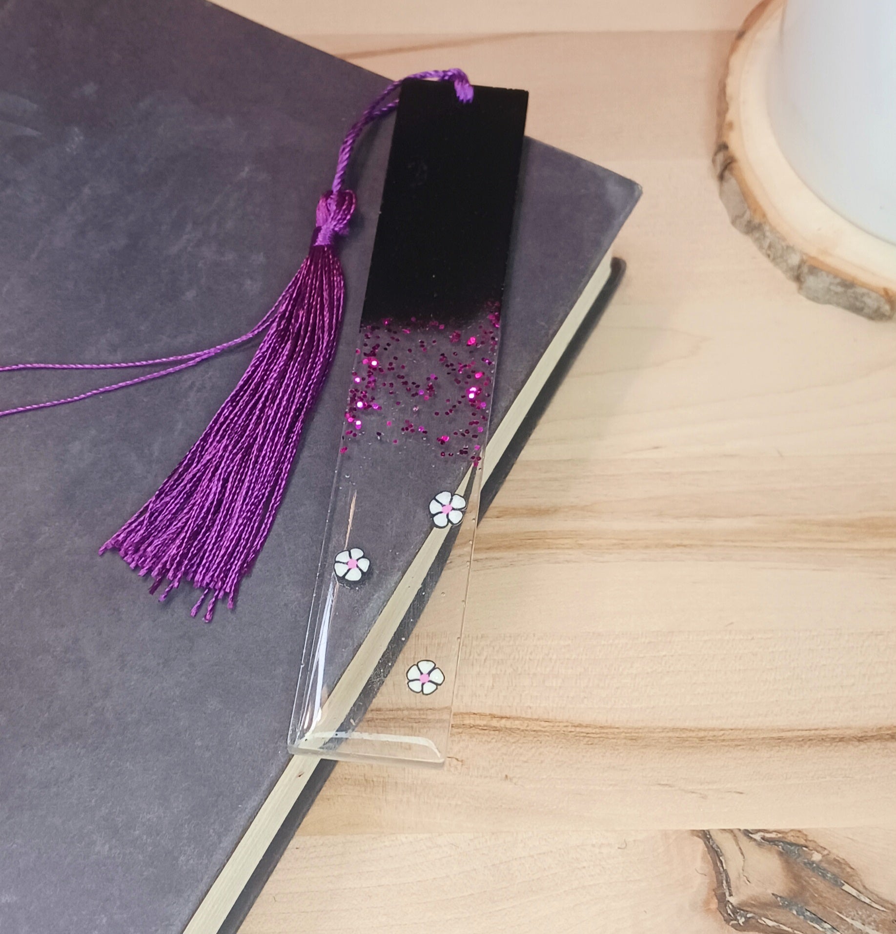 Black and purple glitter bookmark with flower add-ins