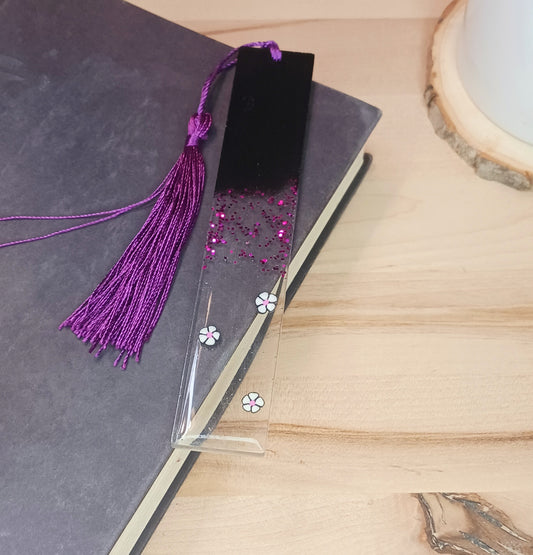 Black and purple glitter bookmark with flower add-ins
