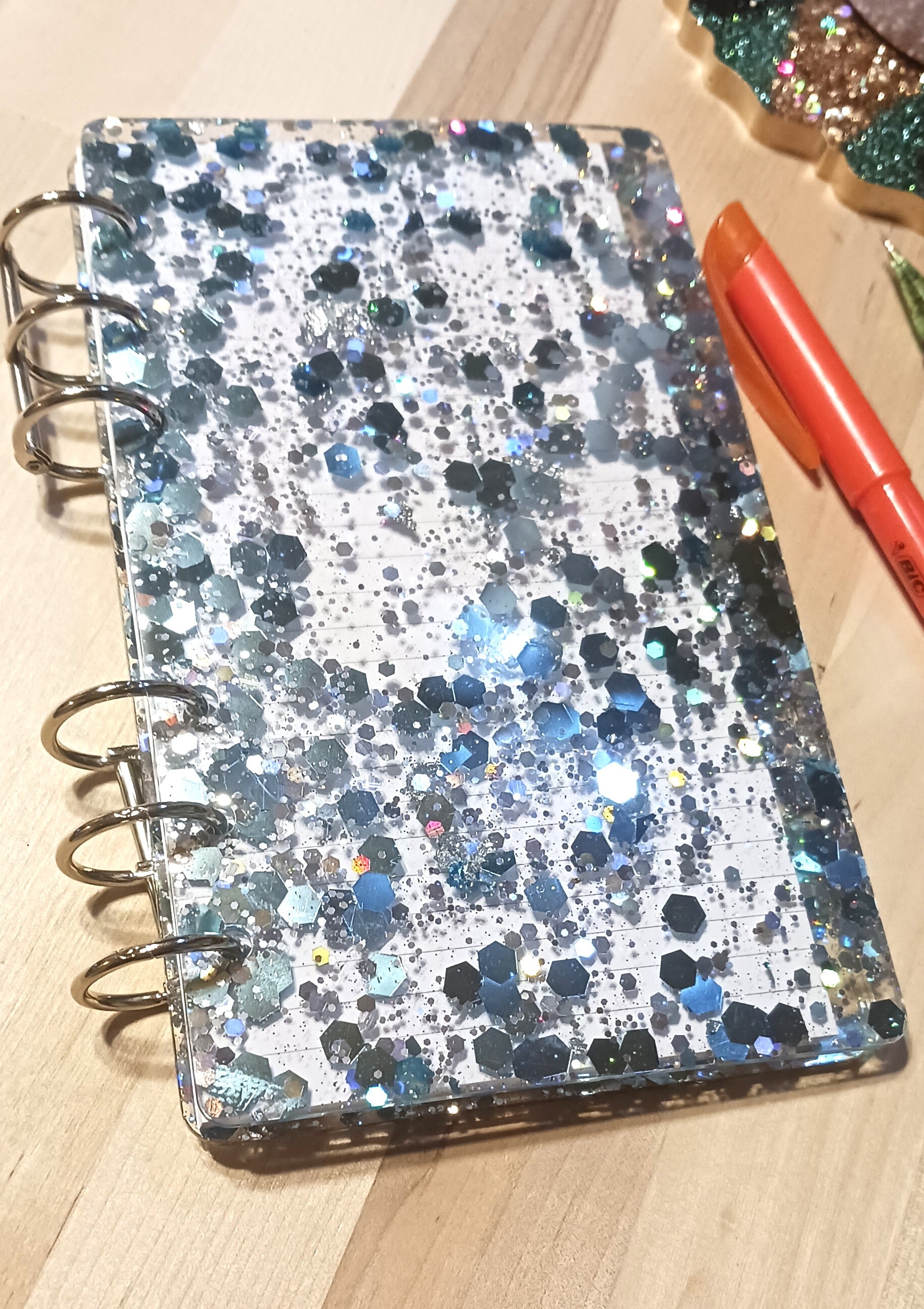 Clear cover with blue and silver chunky glitter