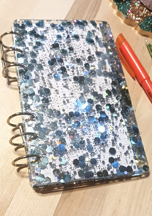 Clear cover with blue and silver chunky glitter