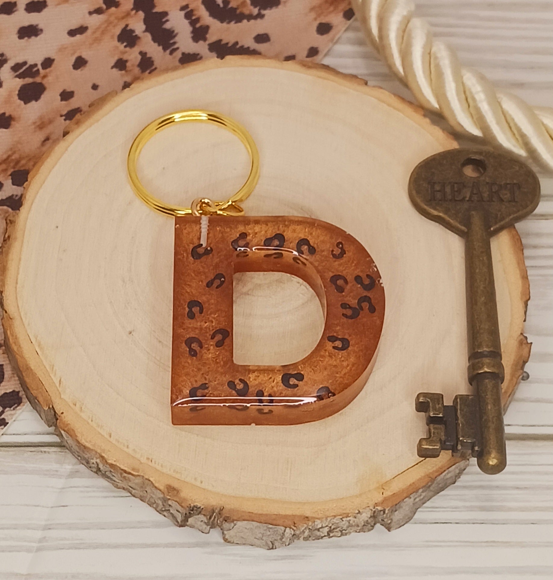 Letter D keychain with leopard print