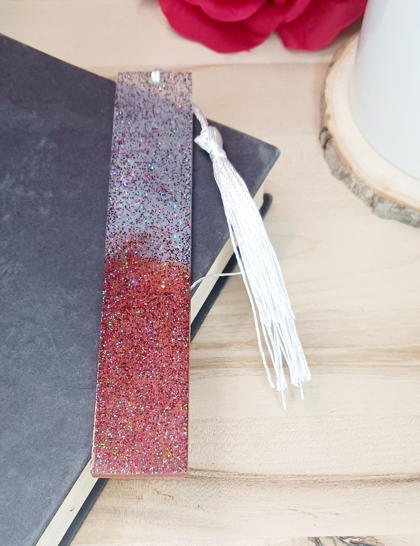 Red and White bookmark with red and white glitter
