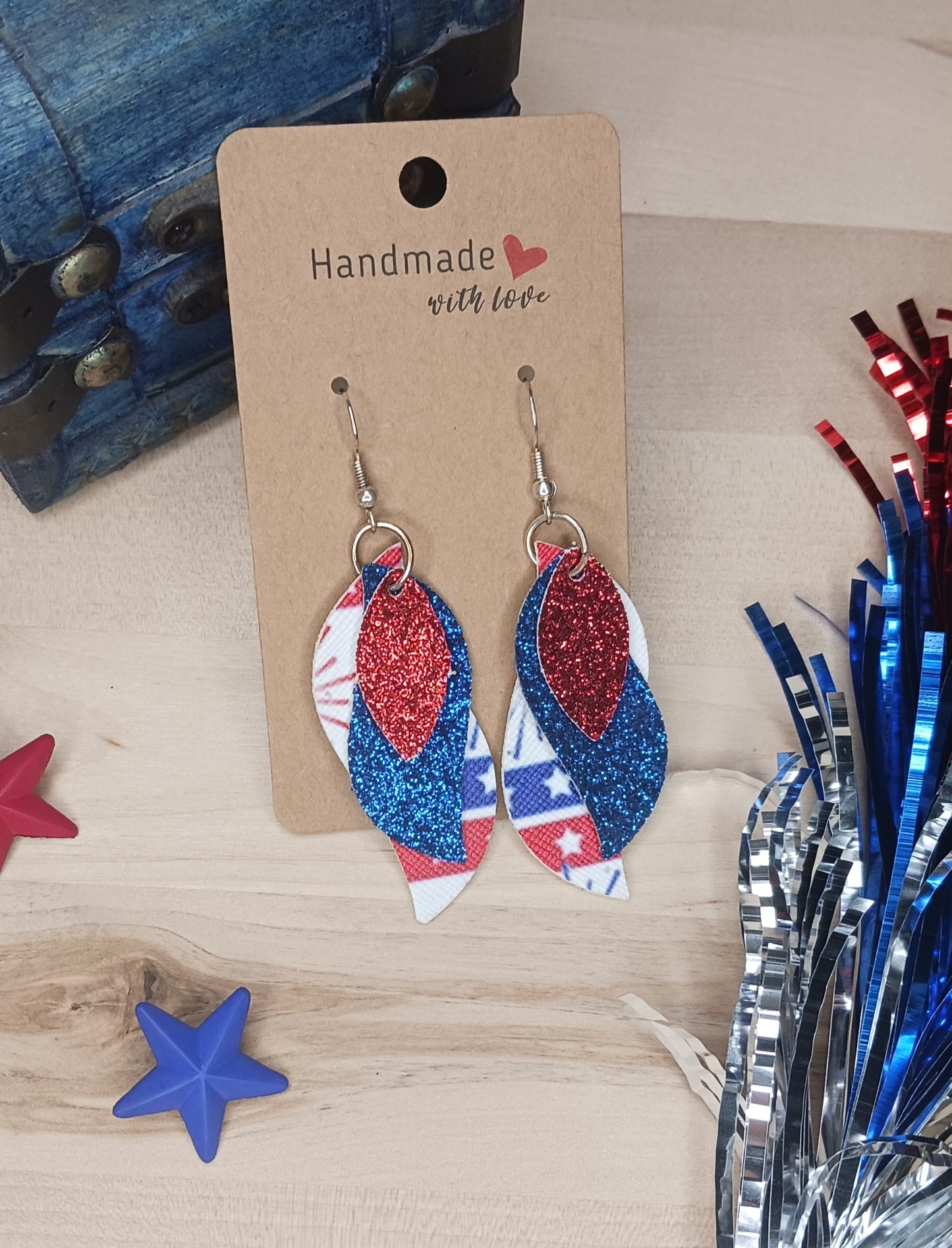 Red, White, and Blue Layered Faux Leather Earrings