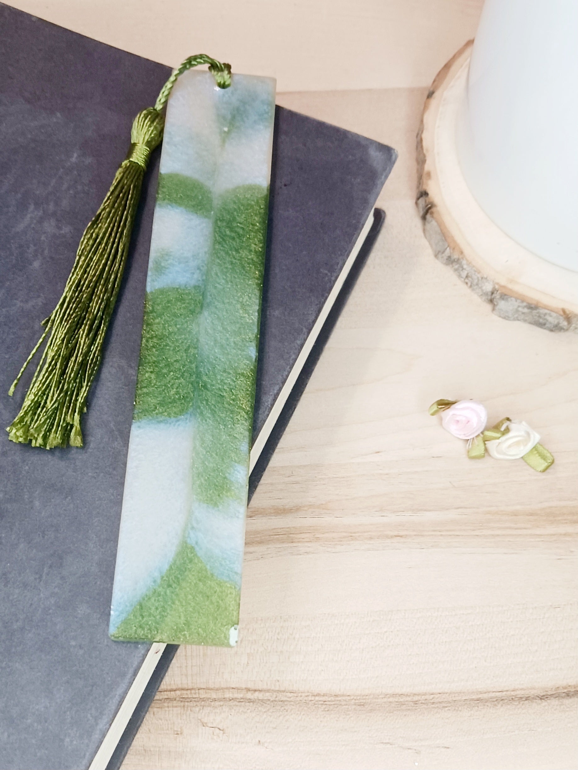white and green bookmark